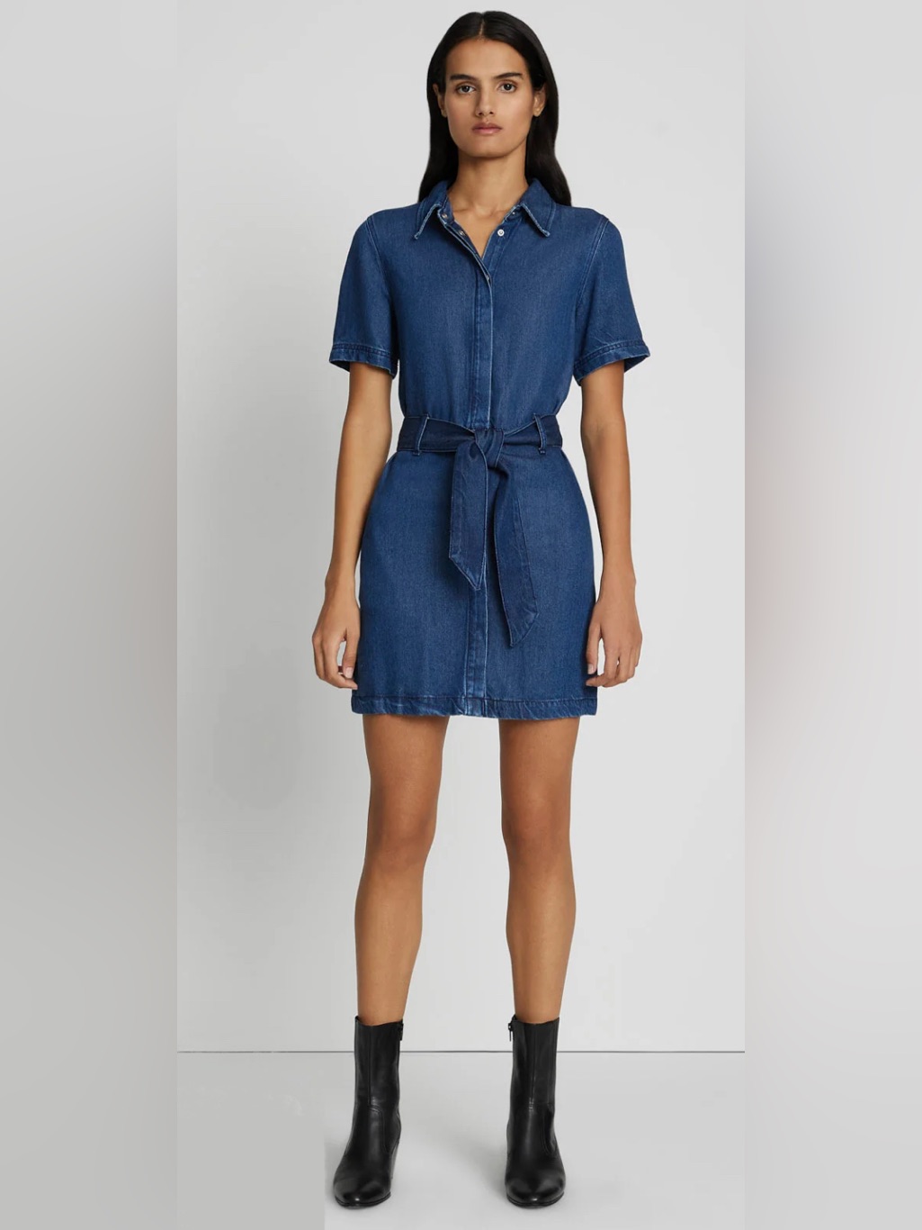 7 For All Mankind Lustre Blue Denim Button Down Shirt Dress With Tie Belt